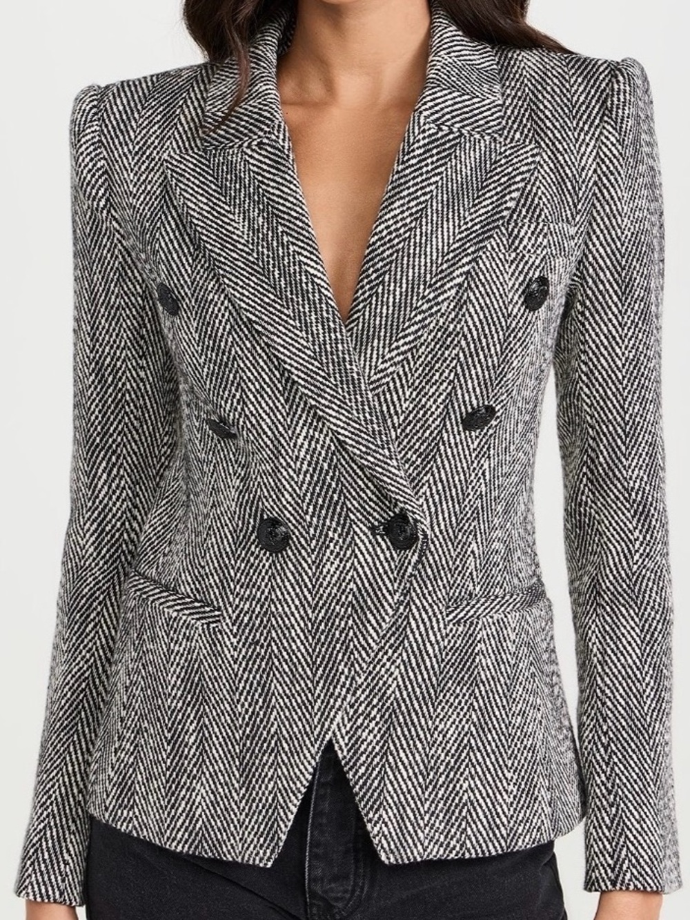 L’Agence Black Cream Herringbone Tweed Blazer Double Breasted Sz 6